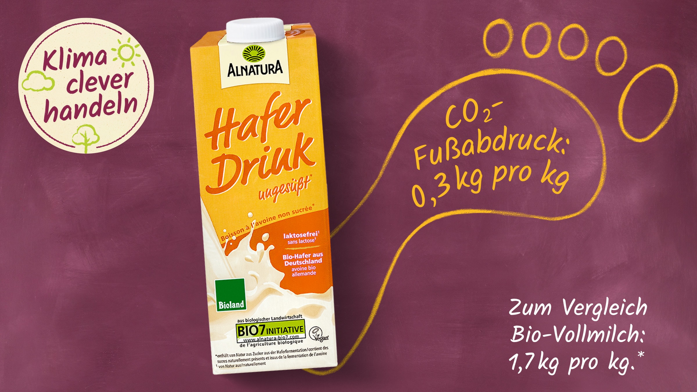 Drei vegane Alnatura Produkte mit CO2-Fußabdruck