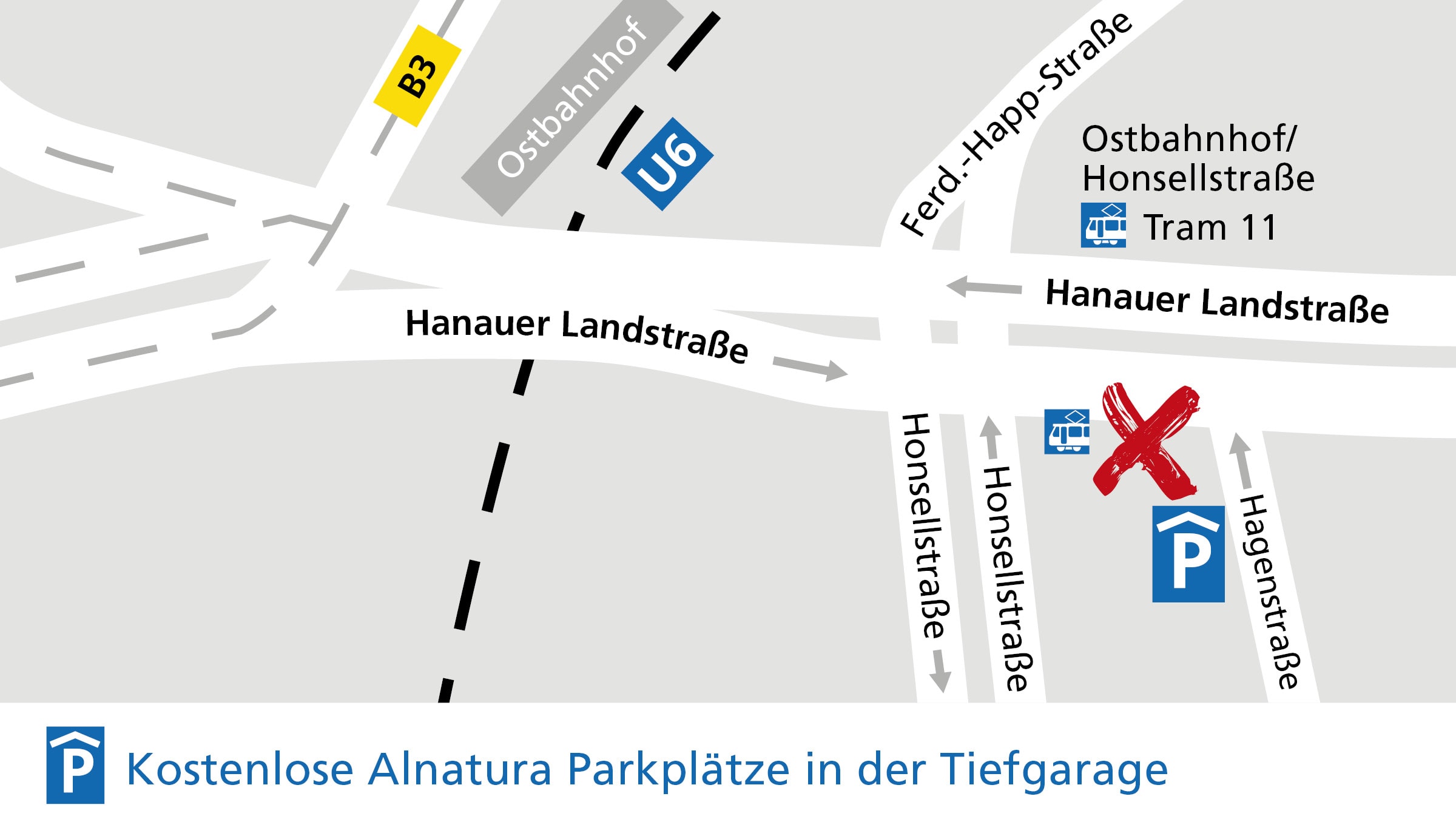 Anfahrt zum Alnatura Biomarkt in Frankfurt am Main-Ostend, Hanauer Landstraße 108