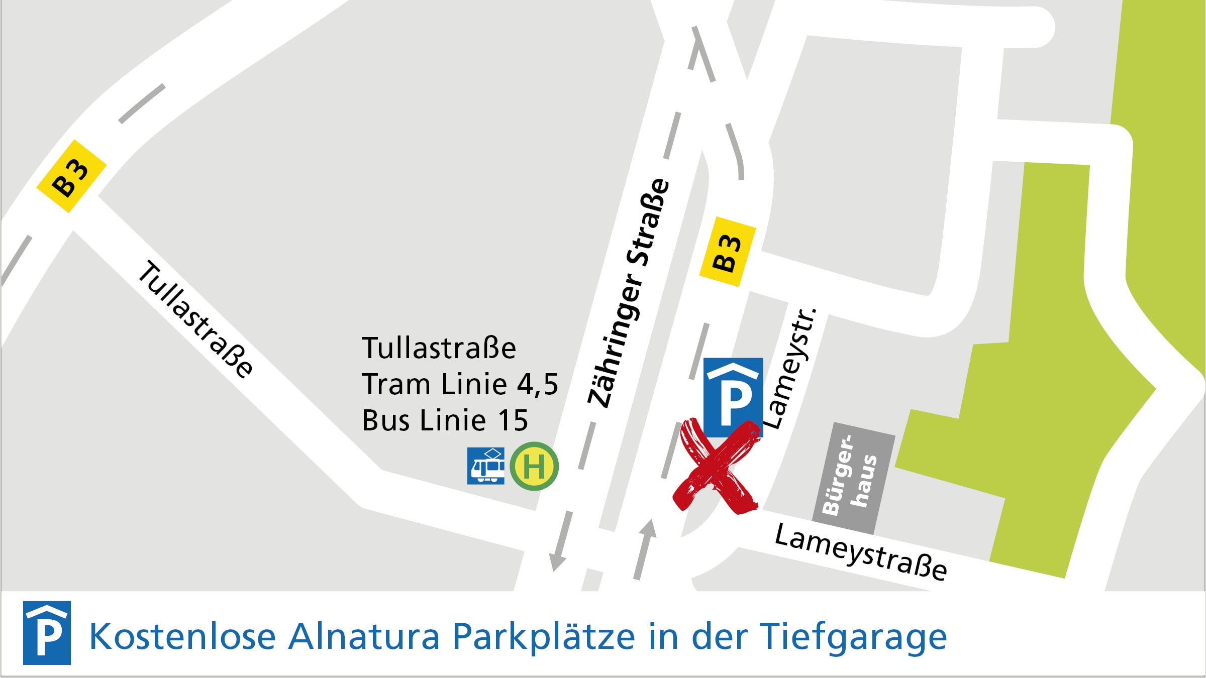 Anfahrt zum Alnatura in Freiburg, Zähringerstraße 295