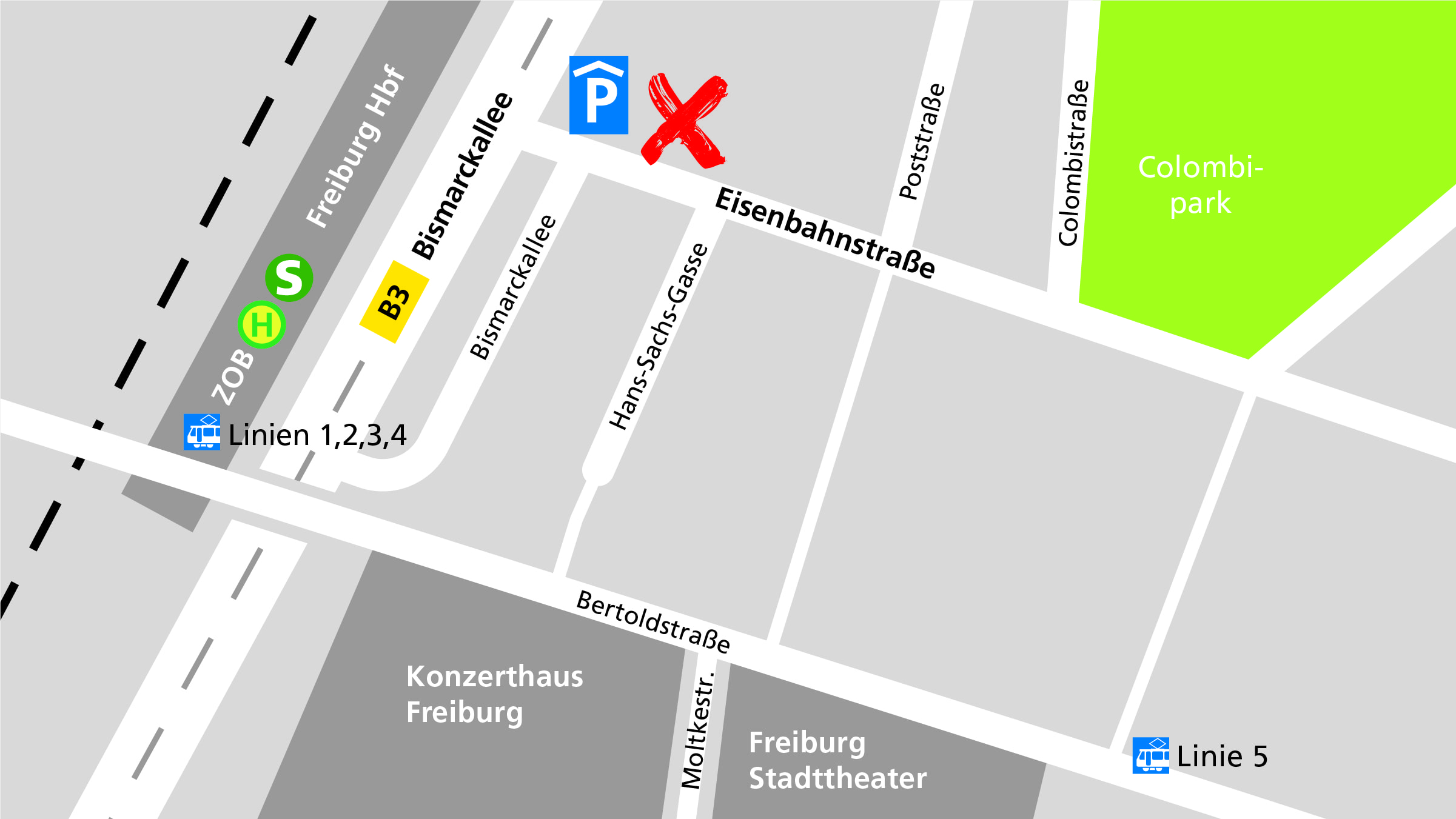 Anfahrtsplan zum Alnatura in Freiburg in der Bismarckallee 10