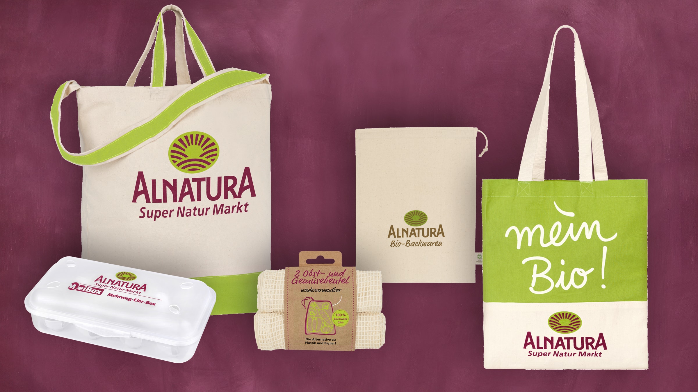 Alnatura Mehrweg-Verpackungen für Ihren Einkauf: Eierbox, Shopper, Einkaufsbeutel, Brot- und Gemüsebeutel aus Stoff