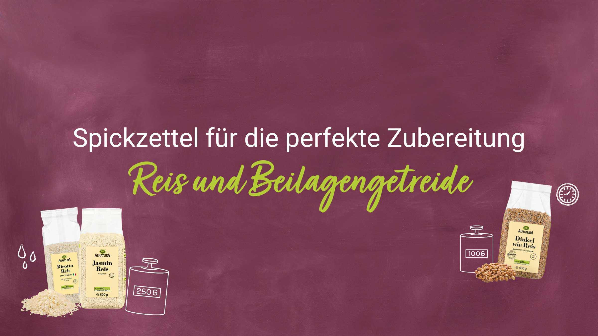 Das Bild zeigt einen dunkelroten Hintergrund, der wie eine Tafel aussieht. Darauf sind die Überschriften „Spickzettel für die perfekte Zubereitung“ und „Reis und Beilagengetreide“ zu sehen.  Dargestellt sind außerdem zwei Packungen Reis (Risotto Reis und Jasmin Reis) der Marke Alnatura, eine Packung Dinkel wie Reis, ebenfalls Alnatura, sowie  grafische Elemente wie eine Uhr und Messbecher, die auf die Zubereitung hinweisen.  Das Ganze wirkt wie eine Rezeptanleitung für Reis und Beilagengetreide von Alnatura.