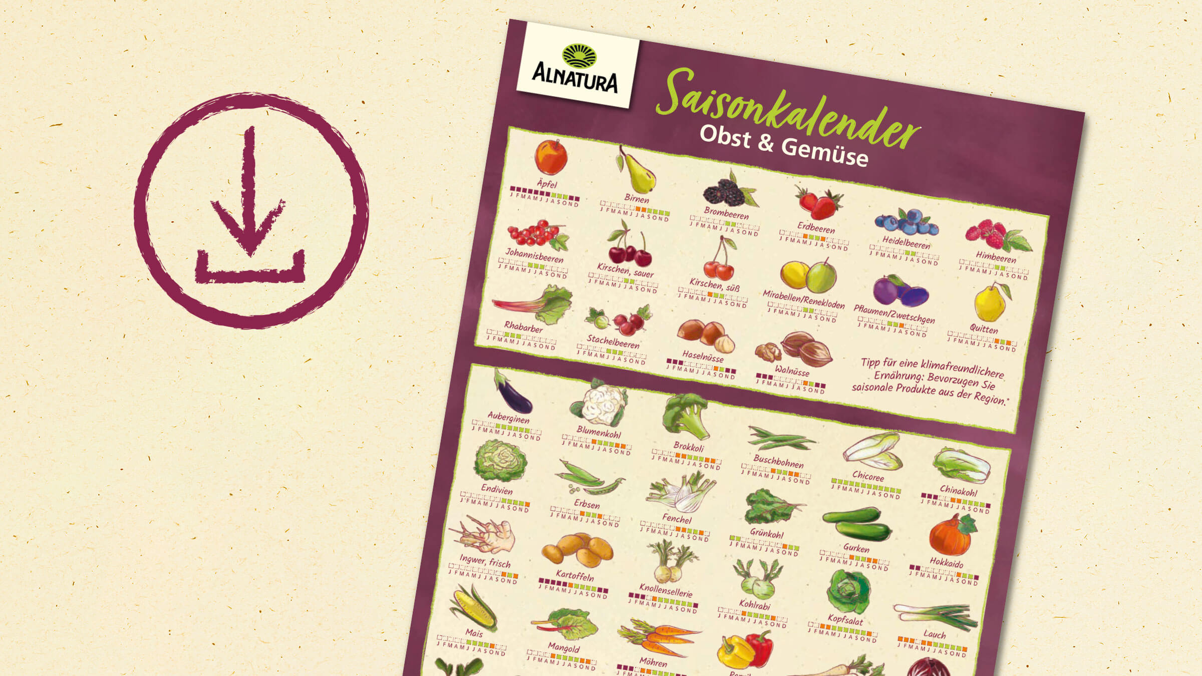 Eine Übersicht über Obst & Gemüse als Saisonkalender auf Naturpapier-Hintergrund mit einem Download-Zeichen