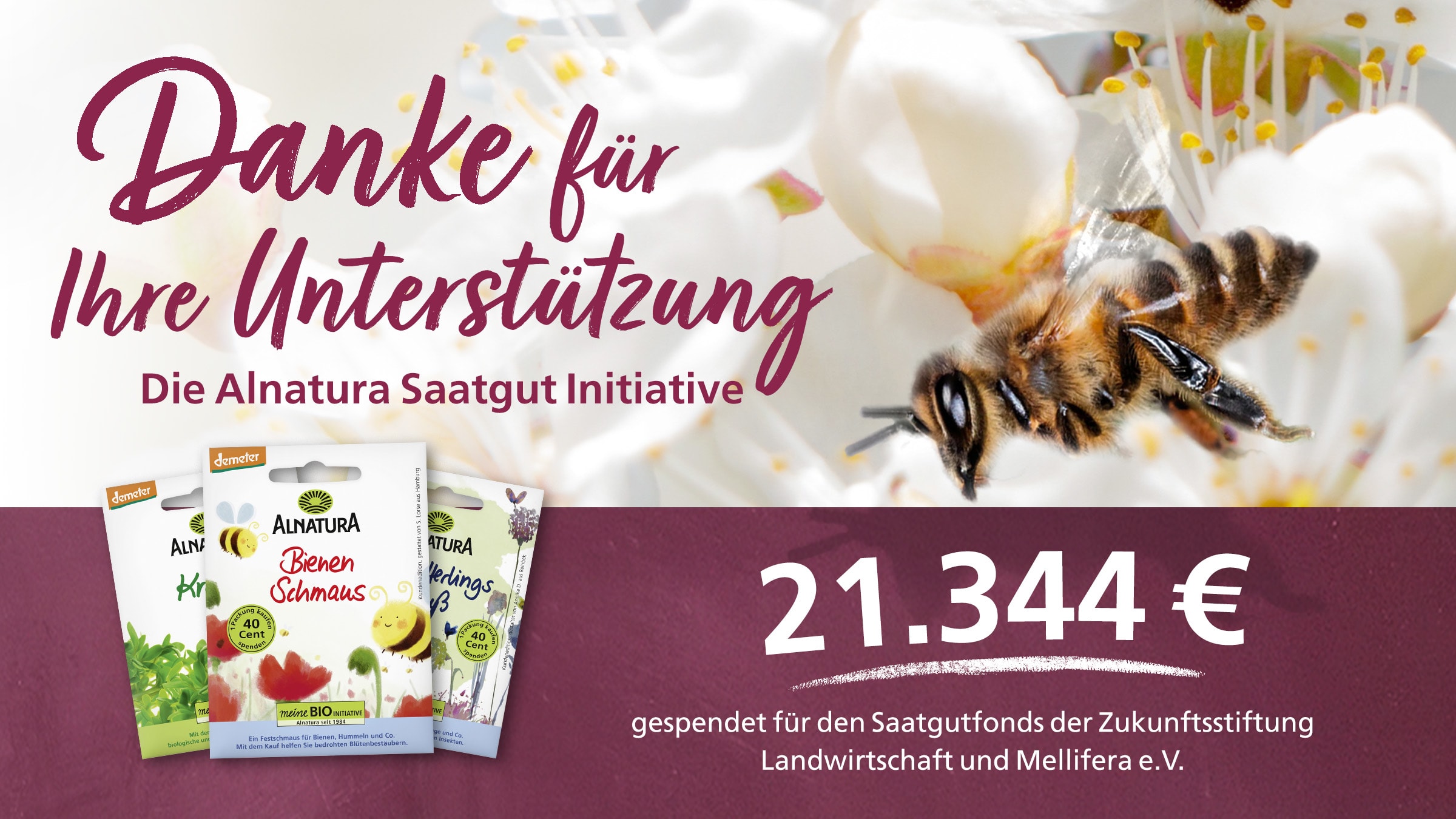 Das Bild zeigt eine Werbekampagne von Alnatura.  Es dankt für die Unterstützung der Alnatura Saatgut Initiative und zeigt, dass 21.344 € an den Saatgutfonds der Zukunftsstiftung Landwirtschaft und Mellifera e.V. gespendet wurden.  Im Hintergrund ist eine Biene auf einer weißen Blüte zu sehen, was das Thema der Bestäubung und des Naturschutzes unterstreicht.  Drei Päckchen mit verschiedenen Saatgutmischungen  aus der Initiative sind ebenfalls abgebildet.  Das gesamte Design ist freundlich und naturverbunden.