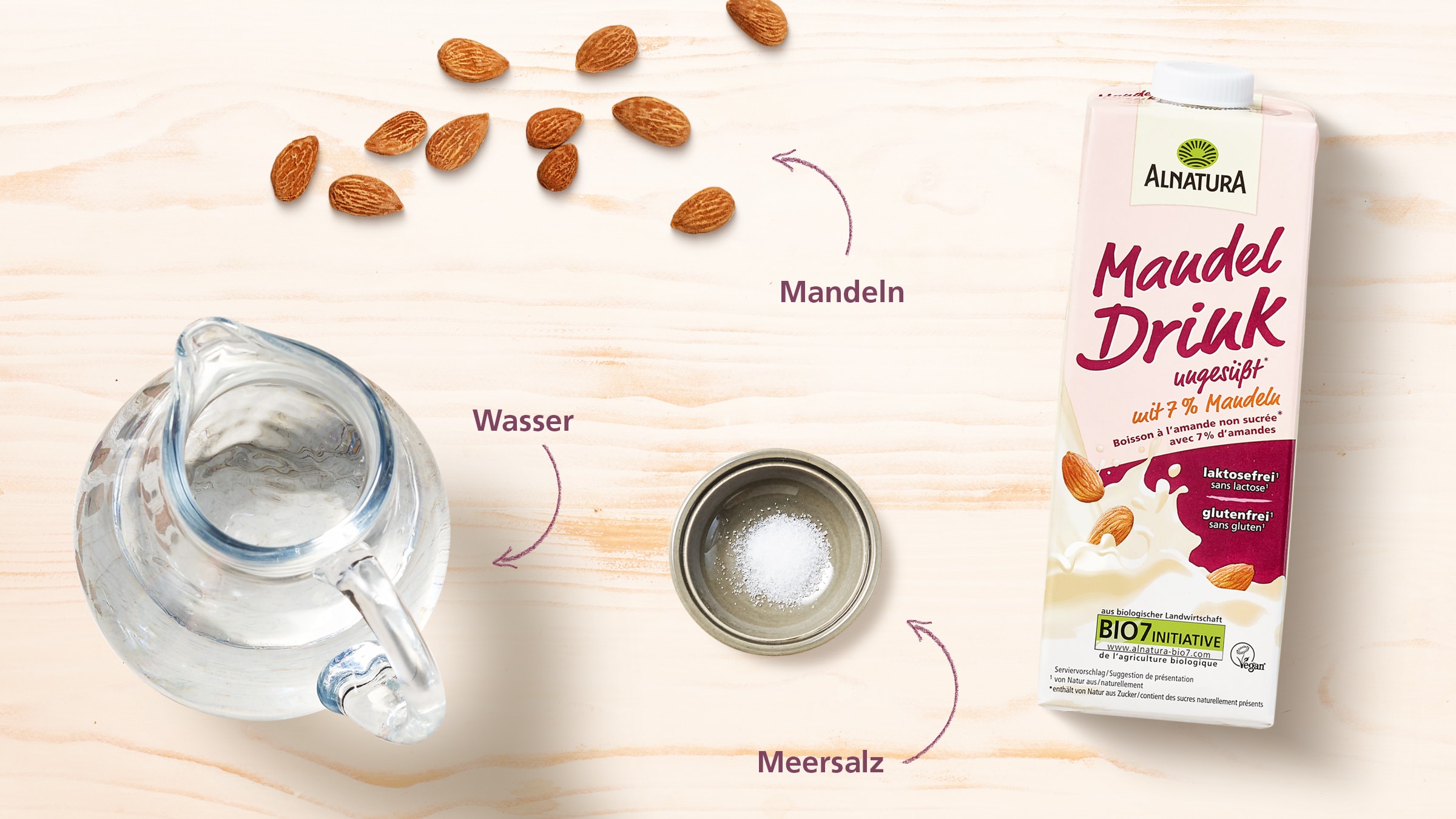 Alnatura Mandeldrink zusammen mit den drei Zutaten Wasser, Mandeln und Meersalz
